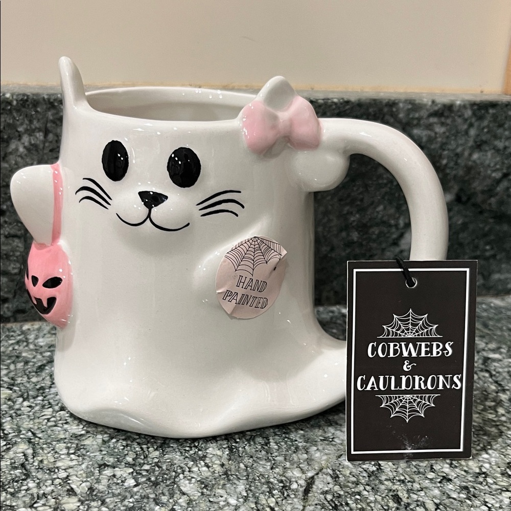 Cobwebs & Cauldrons White and Pink Cat Mug